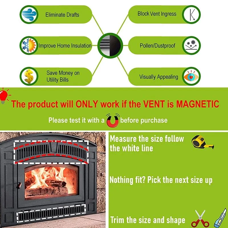 2-pack Magnetic Fireplace Draft Stopper - 91.44 x 10.16cm - Block Cold Air