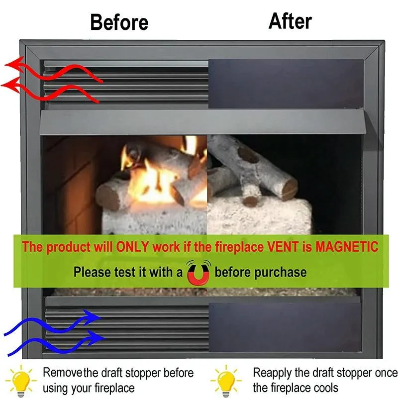 2-pack Magnetic Fireplace Draft Stopper - 91.44 x 15.24cm - Block Cold Air