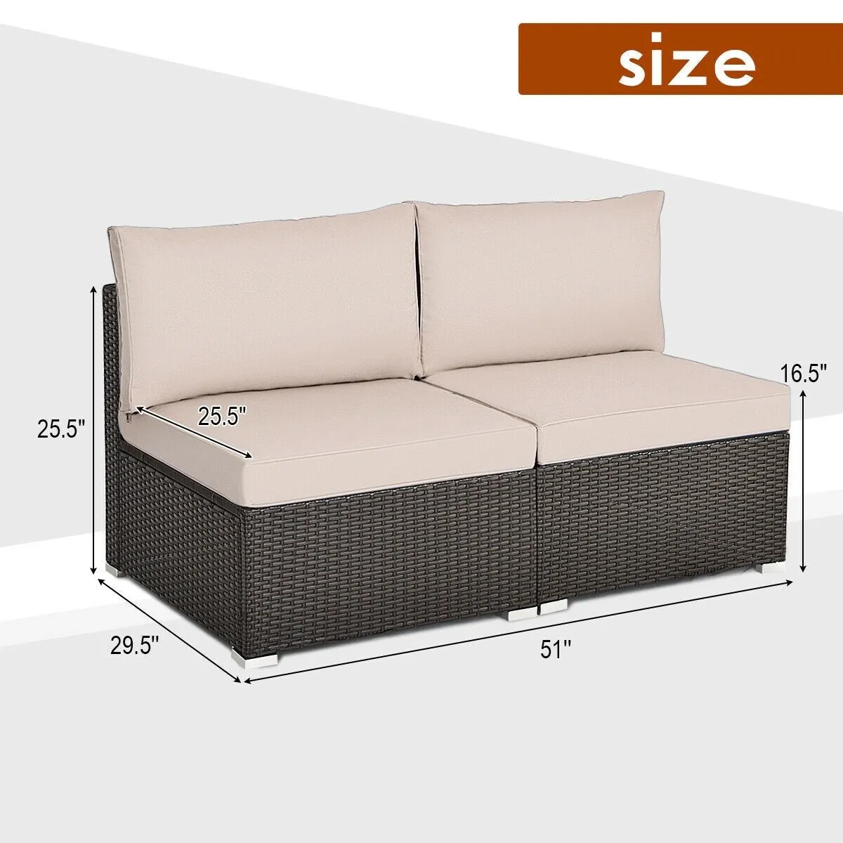 2pc Wicker Rattan Patio Armless Sofa with Cushion - Brown