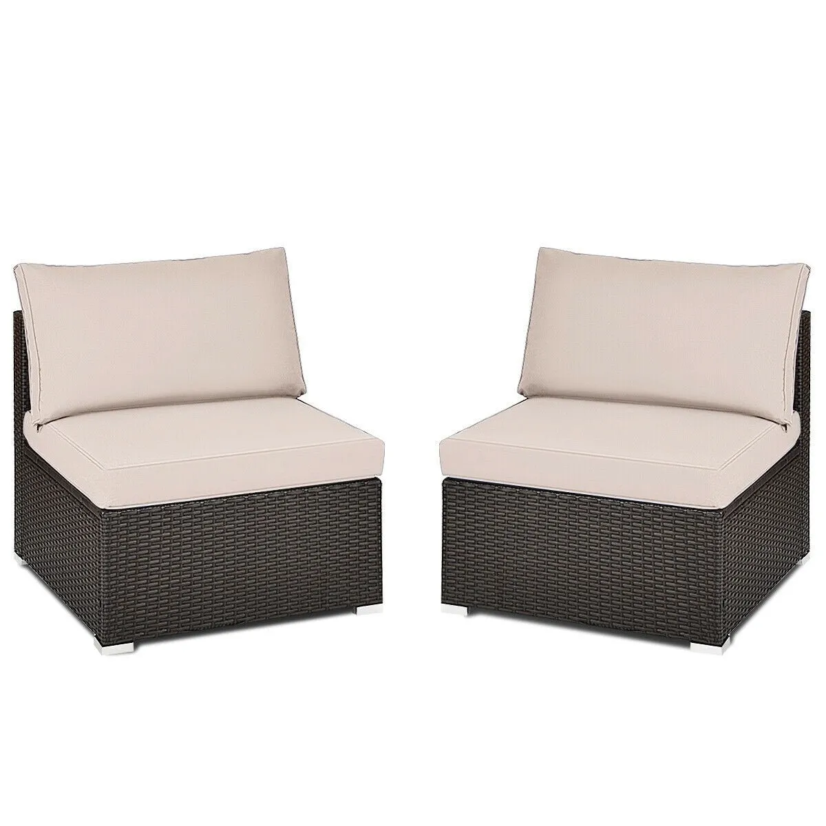 2pc Wicker Rattan Patio Armless Sofa with Cushion - Brown