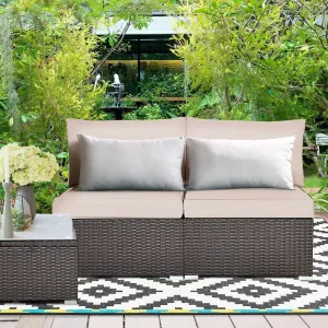 2pc Wicker Rattan Patio Armless Sofa with Cushion - Brown