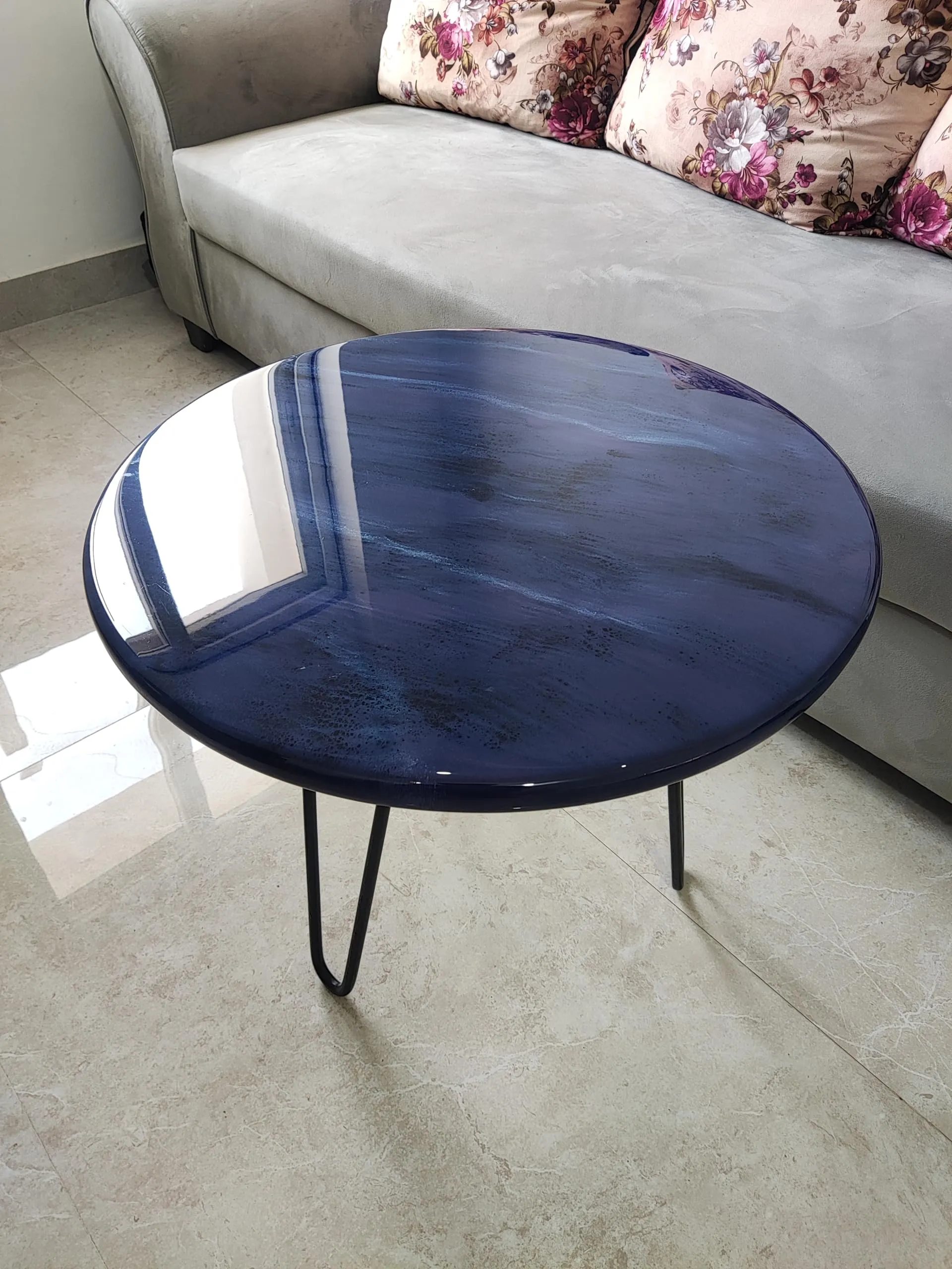 Epoxy Resin Table, Coffee Table, Center Table, Side Table - Dark Blue Color with Marble Texture (Diameter 24 inches, Height 18 inches)