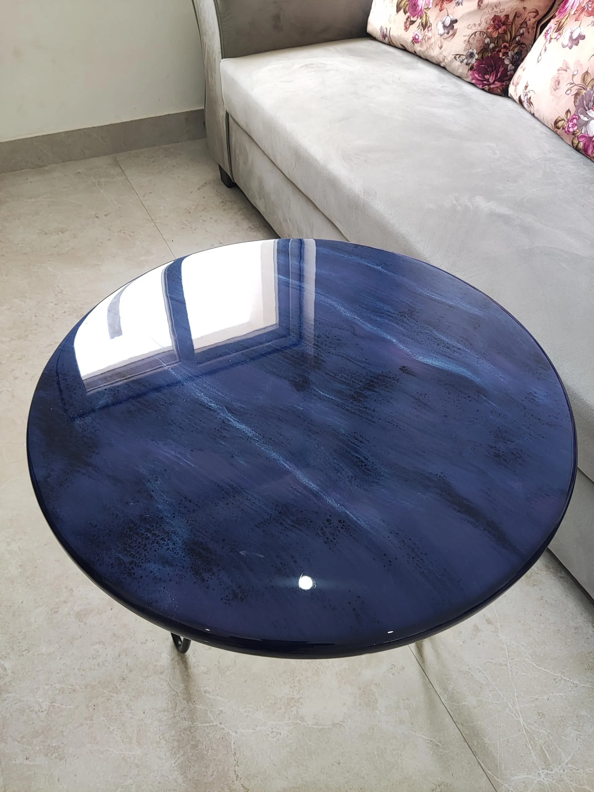 Epoxy Resin Table, Coffee Table, Center Table, Side Table - Dark Blue Color with Marble Texture (Diameter 24 inches, Height 18 inches)