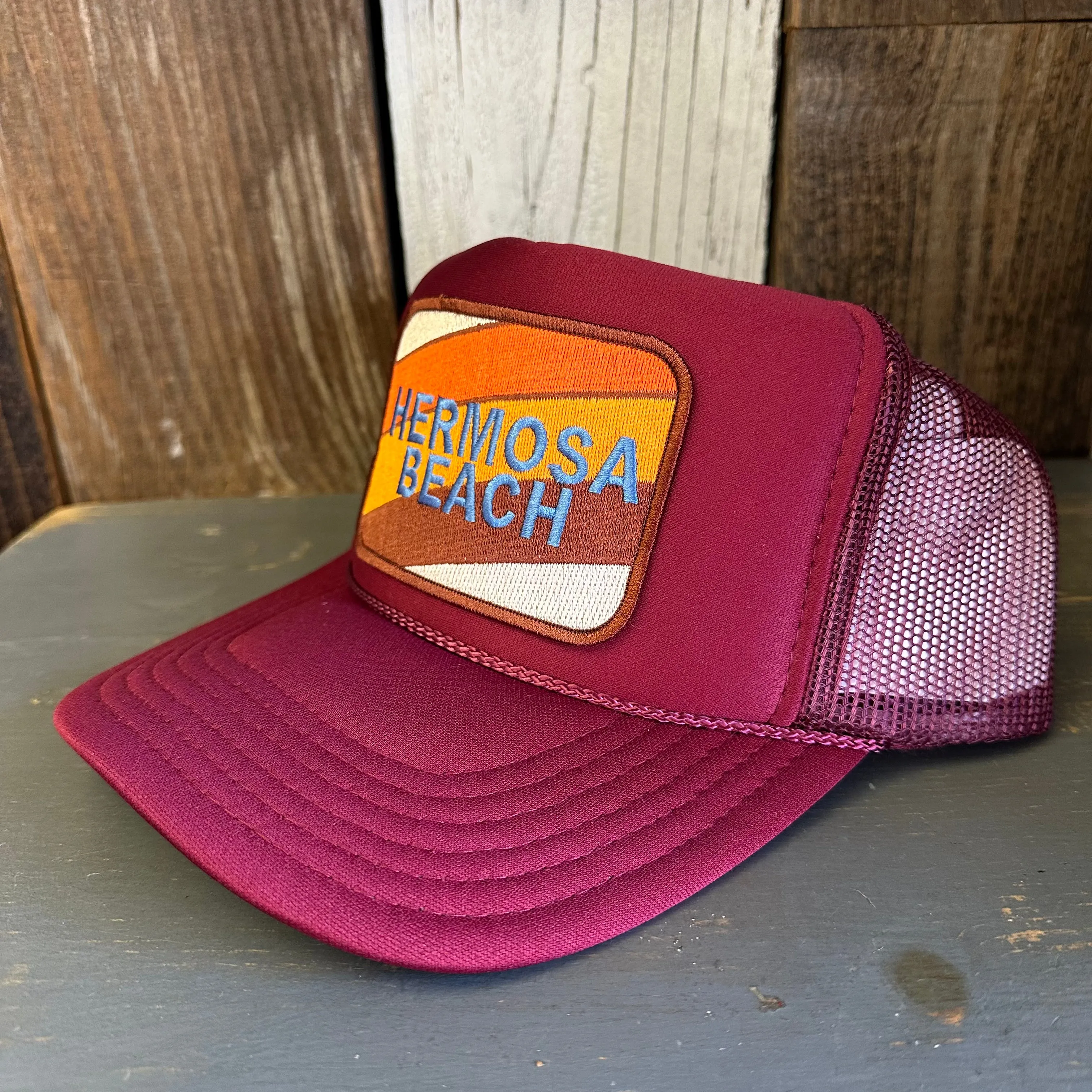 Hermosa Beach GOLF CARTS & YOGA PANTS High Crown Trucker Hat - Burgundy Maroon