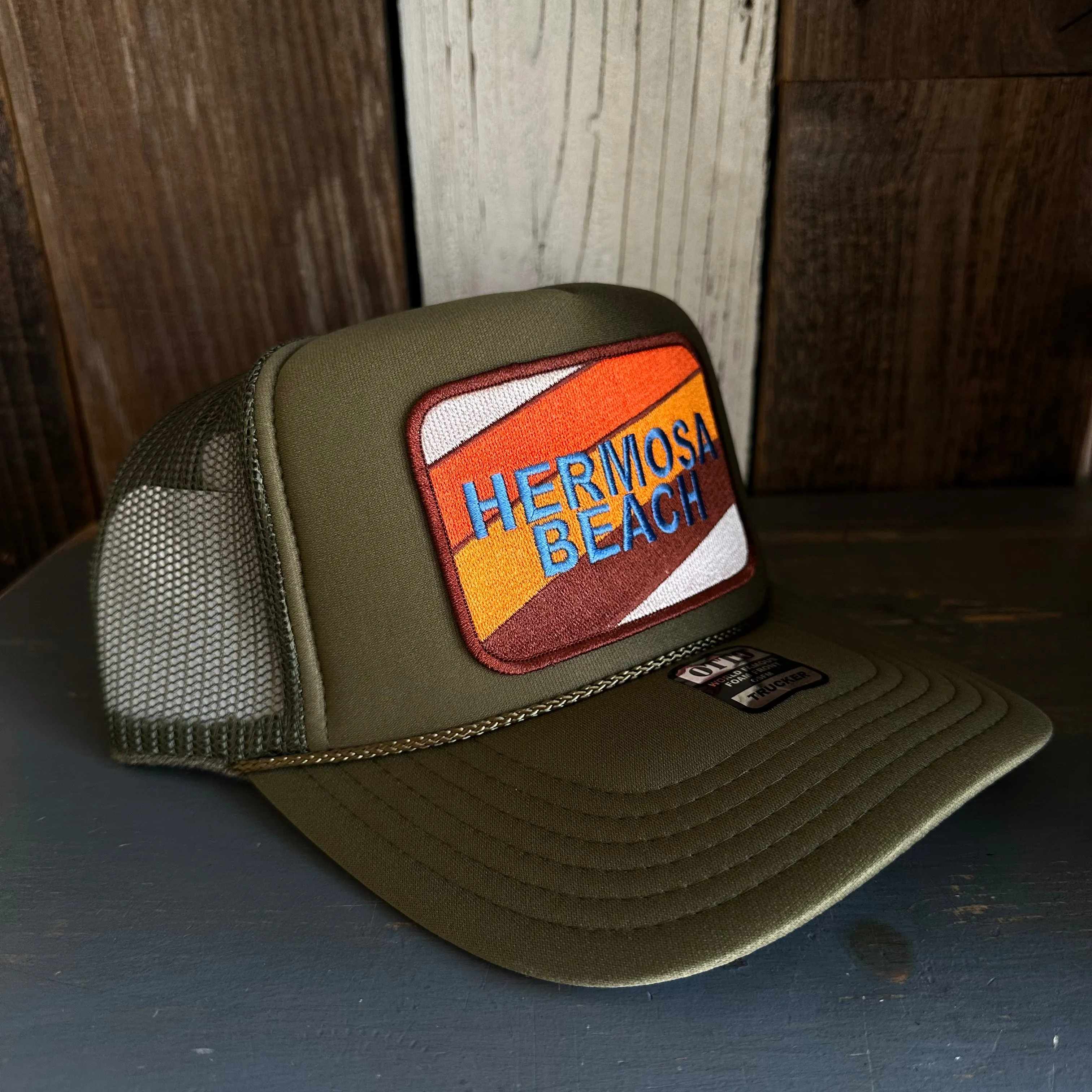 Hermosa Beach GOLF CARTS & YOGA PANTS High Crown Trucker Hat - Olive
