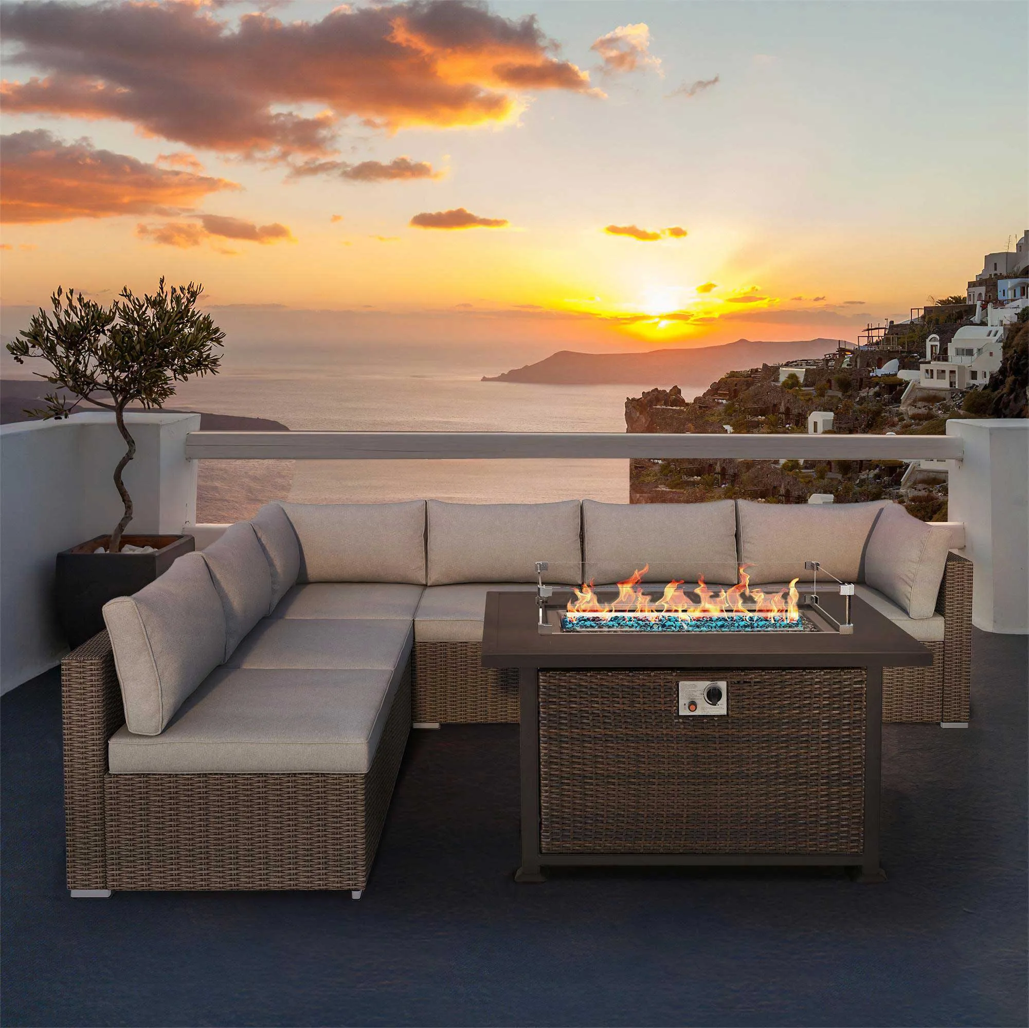 Homrest 50 in Propane Fire Pit Table w/ Glass Wind Guard and Aluminum Tabletop, Dark Brown